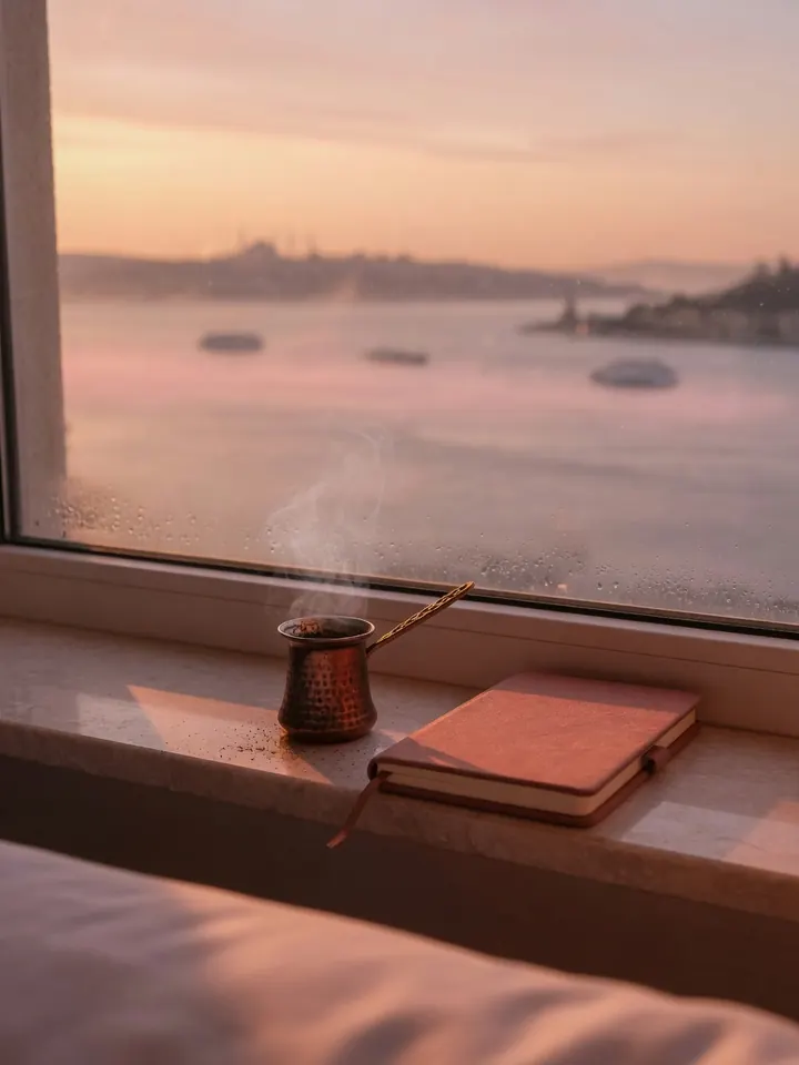The Bosphorus at dawn seen from a hotel window, a cup of Turkish coffee and a notebook on the sill