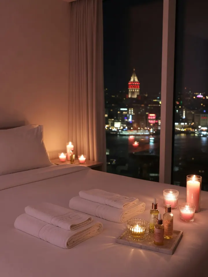 An Istanbul hotel room prepared for a massage at night, candles and oils by the bed, the Galata Tower lit in the window
