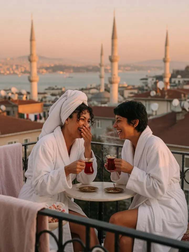Two women in bathrobes laughing over Turkish tea on a balcony above Istanbul’s rooftops and minarets